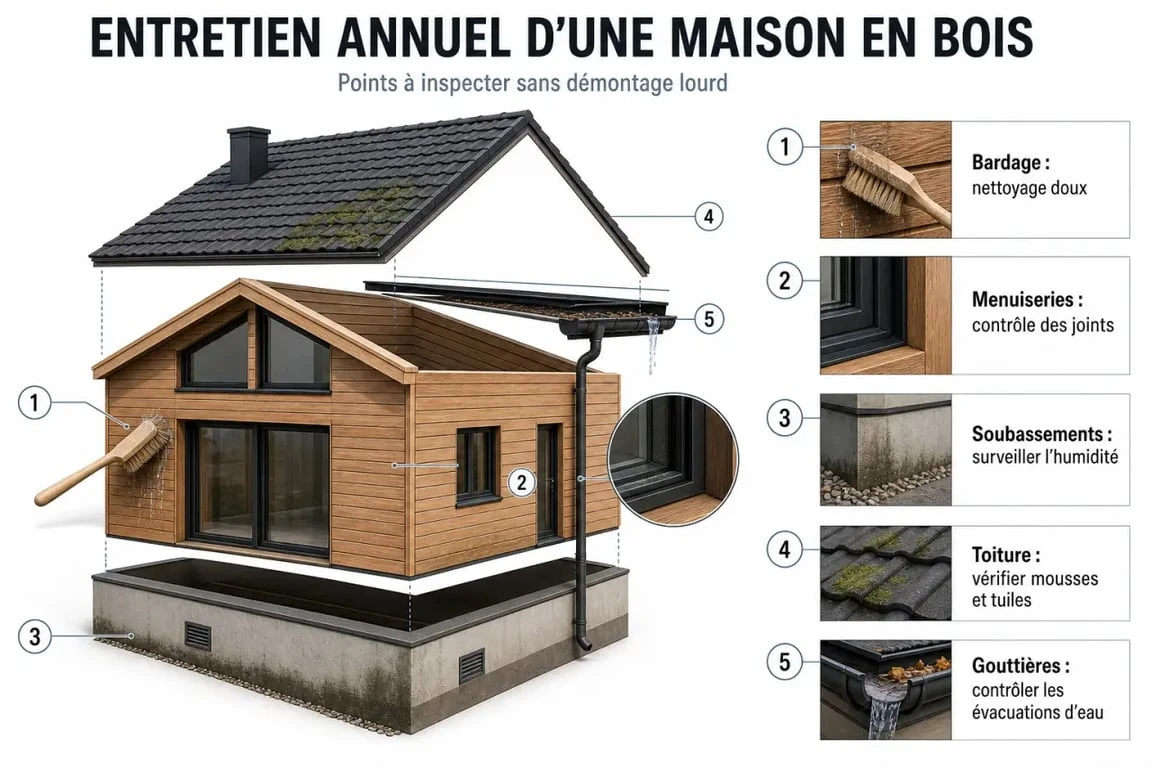 Maison en bois entretien : zones à surveiller sur le bardage, la toiture, les gouttières et le soubassement