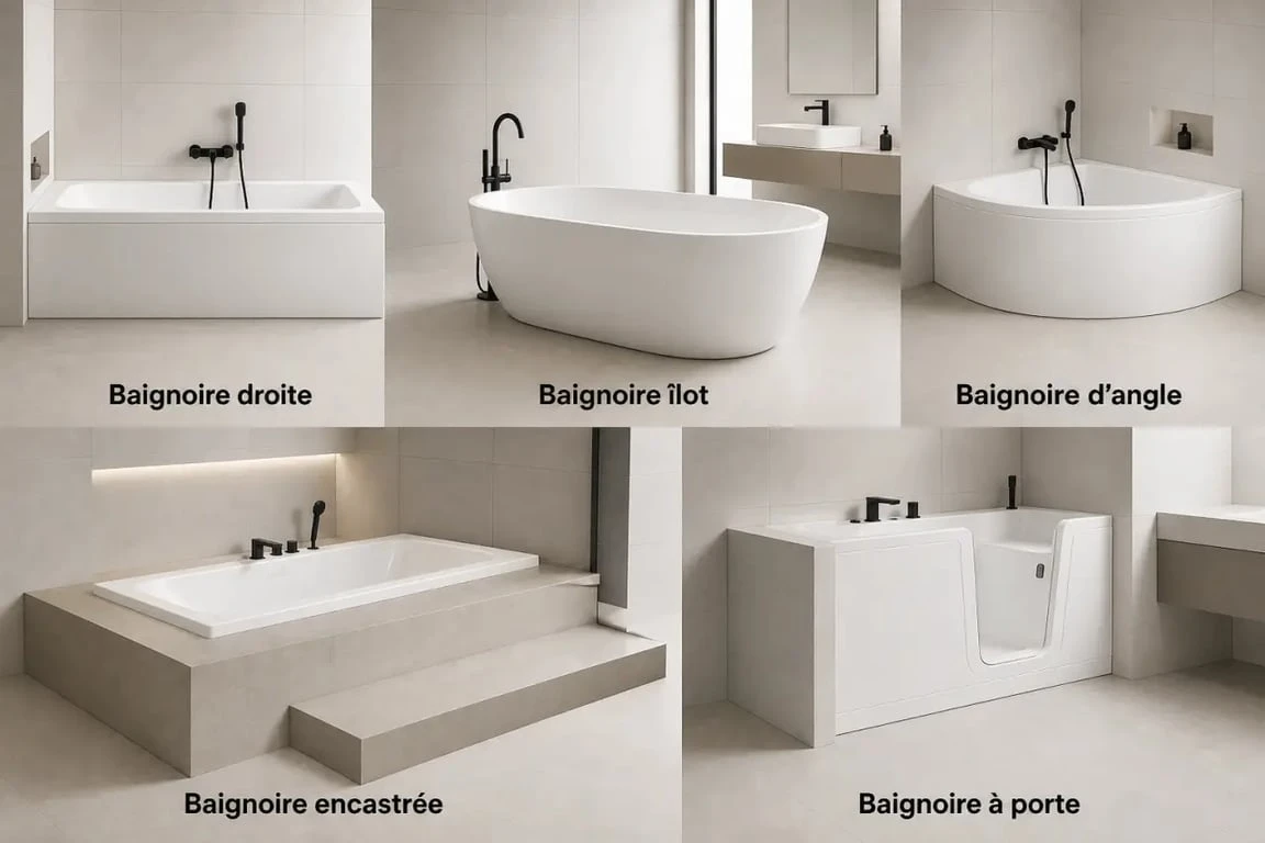 Baignoire de salle de bain : comparaison visuelle des principaux types dans une salle de bains contemporaine
