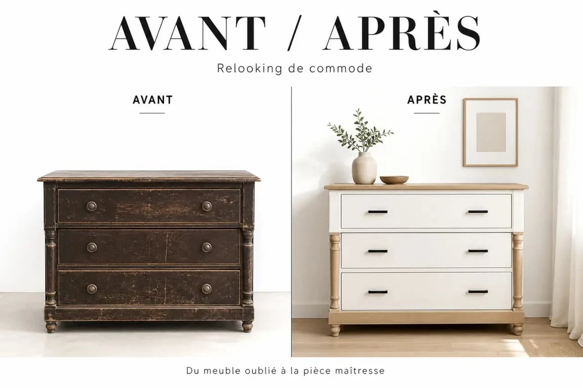 Relooking meuble avant après d’une commode ancienne transformée avec une couleur claire et des poignées modernes