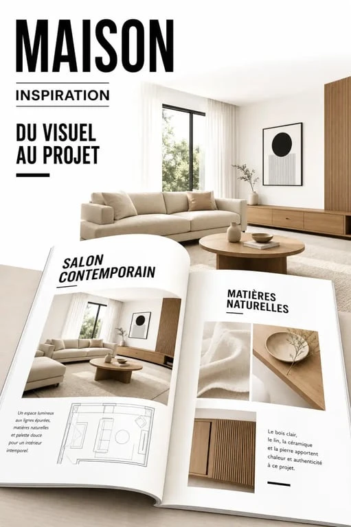 Magazine maison deco ouvert avec une mise en scène d’intérieur contemporain inspirante