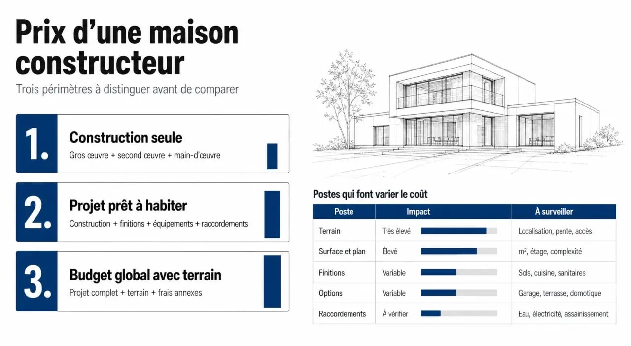 Prix maison constructeur : schéma des niveaux de budget et des postes de coût à vérifier