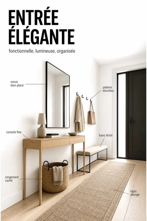 Déco entrée maison : entrée élégante avec console fine, banc, miroir et rangements muraux