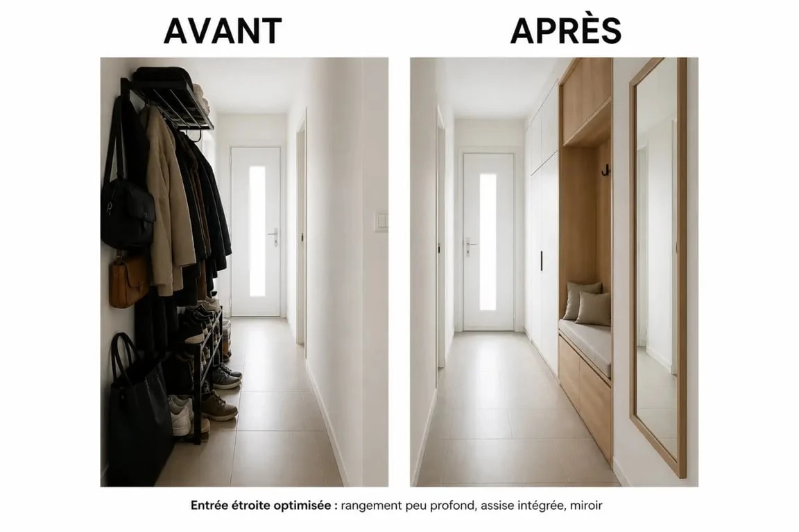 Aménagement intérieur d’une entrée optimisée avec placard, banc-coffre et miroir