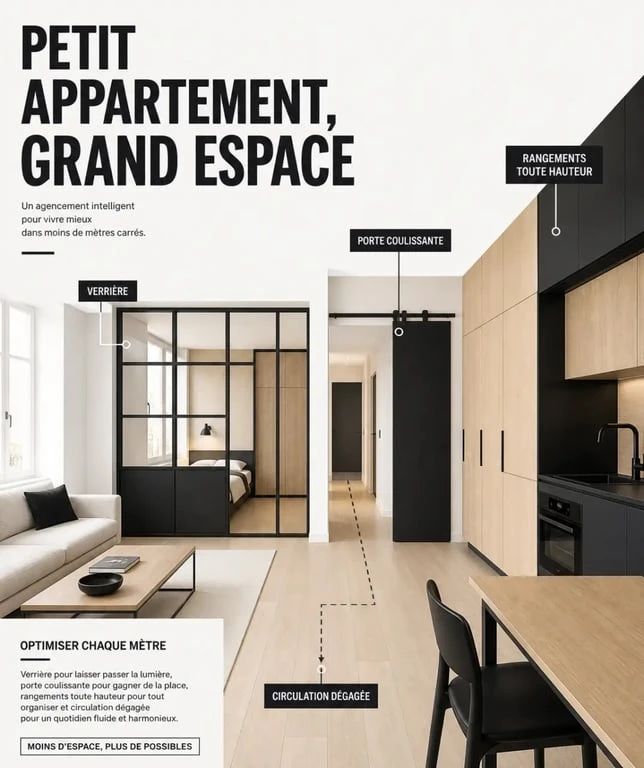 Aménagement intérieur d’un petit appartement avec verrière, porte coulissante et rangements intégrés