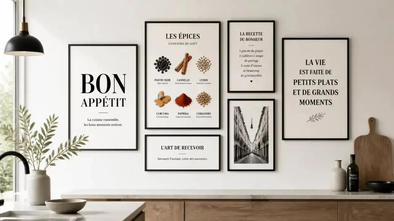 Exemple de décoration murale cuisine avec une composition de cadres harmonieuse
