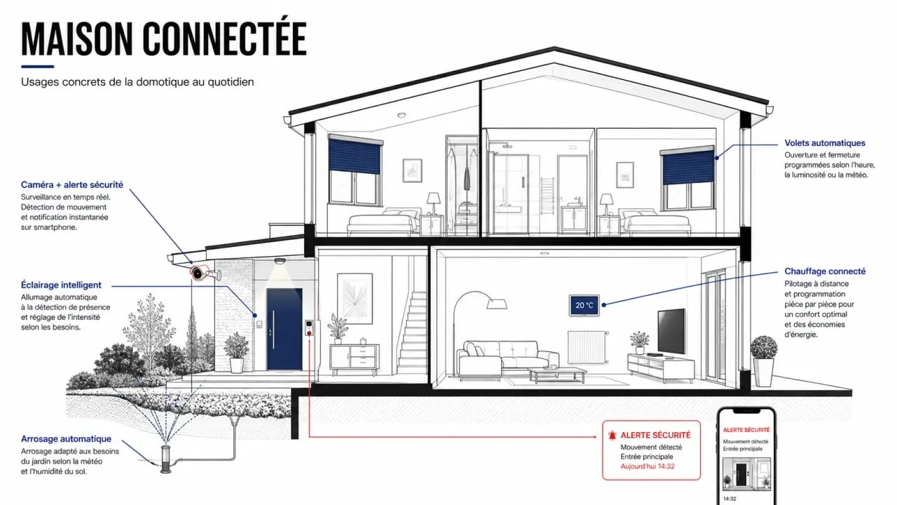 Domotique exemple : maison connectée illustrant chauffage, volets, éclairage, sécurité et arrosage
