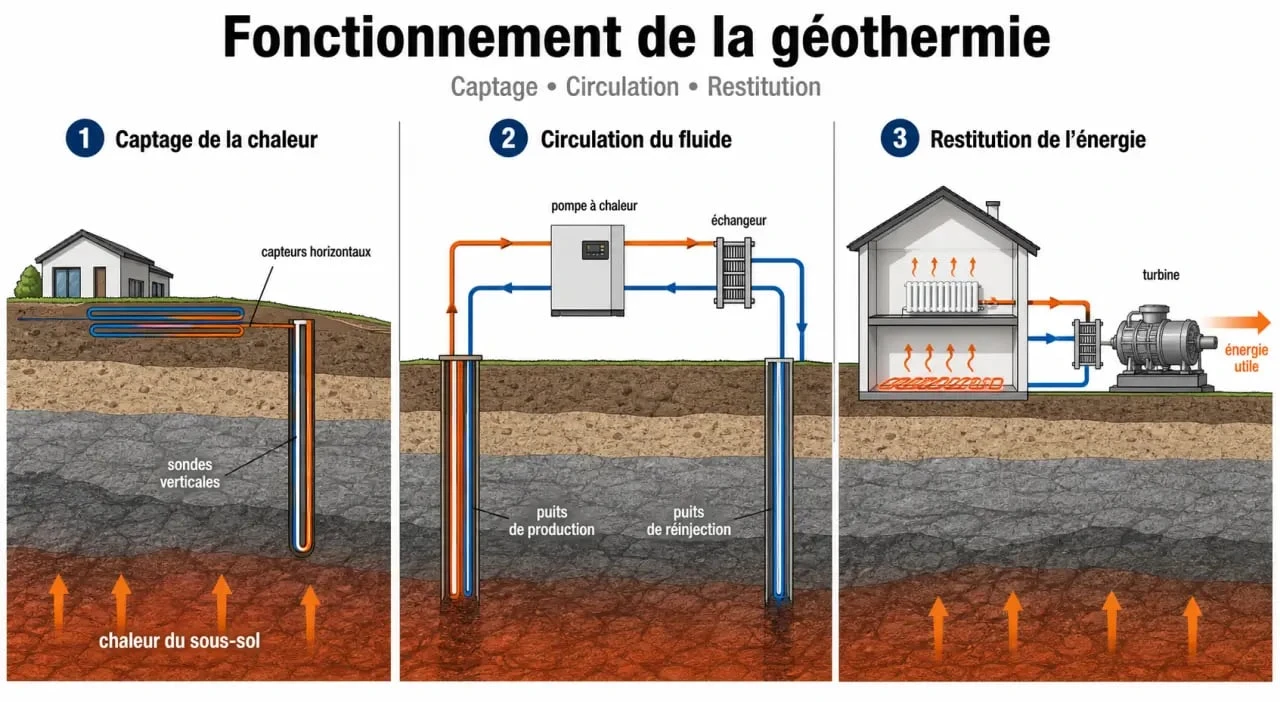 Schéma du fonctionnement géothermie avec captage, échange de chaleur et restitution