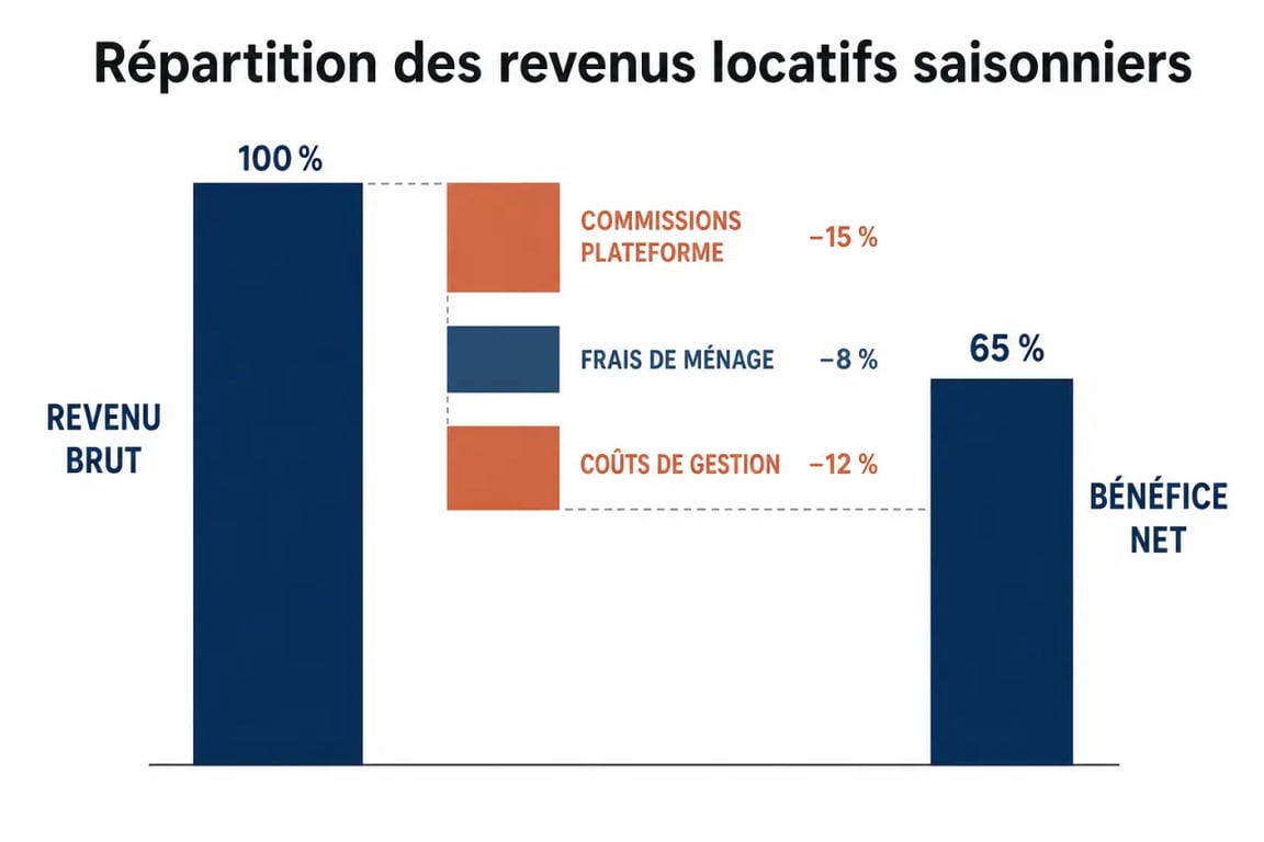 Infographie de la répartition des revenus et frais en gestion locative saisonnière