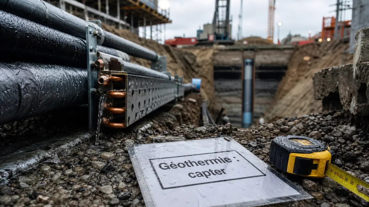 Fonctionnement geothermie : tranchée tuyaux et forage