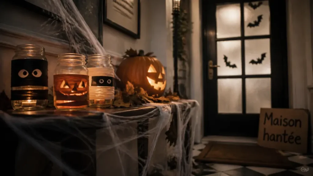 Idées déco halloween pour entrée : maison hantée DIY, bougies LED et citrouille