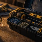 Outils bricolage : boîte à outils ouverte avec mètre, niveau et tournevis