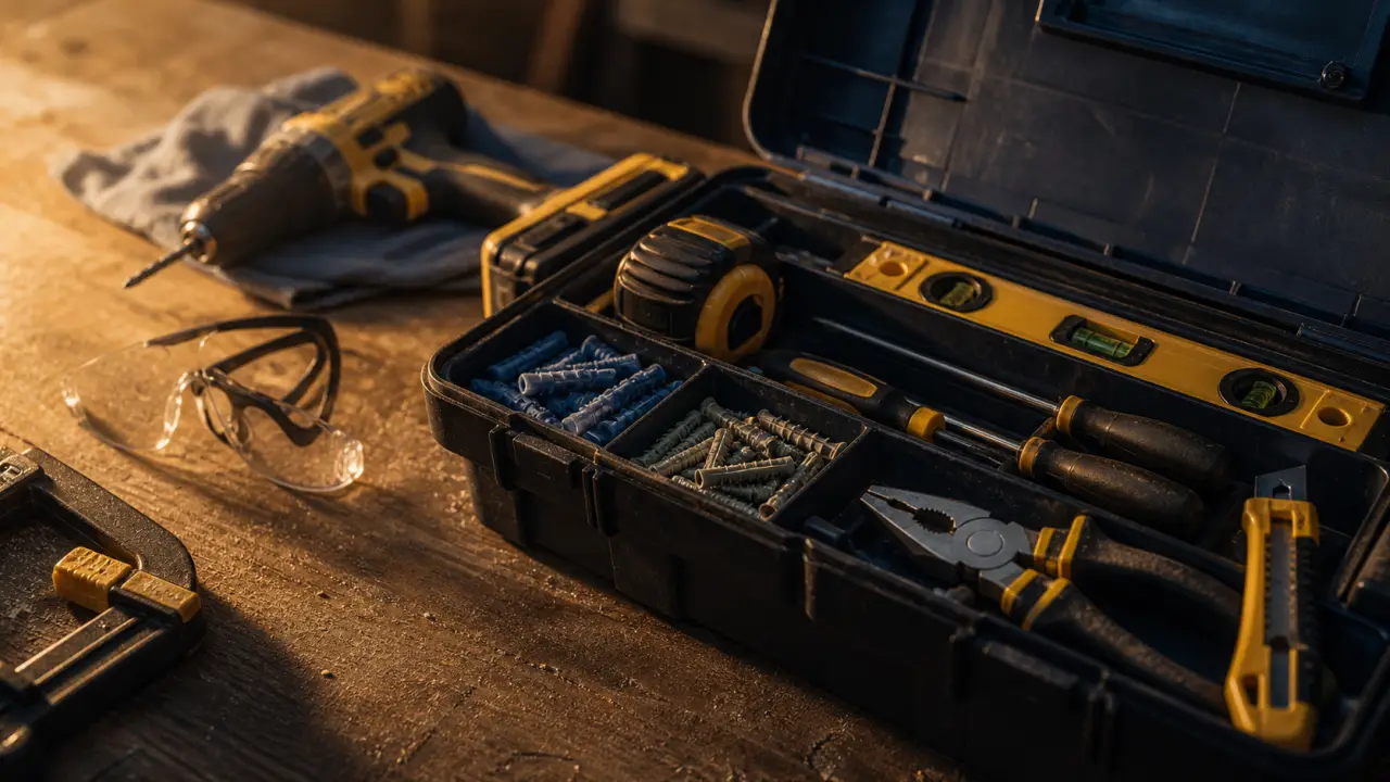 Outils bricolage : boîte à outils ouverte avec mètre, niveau et tournevis