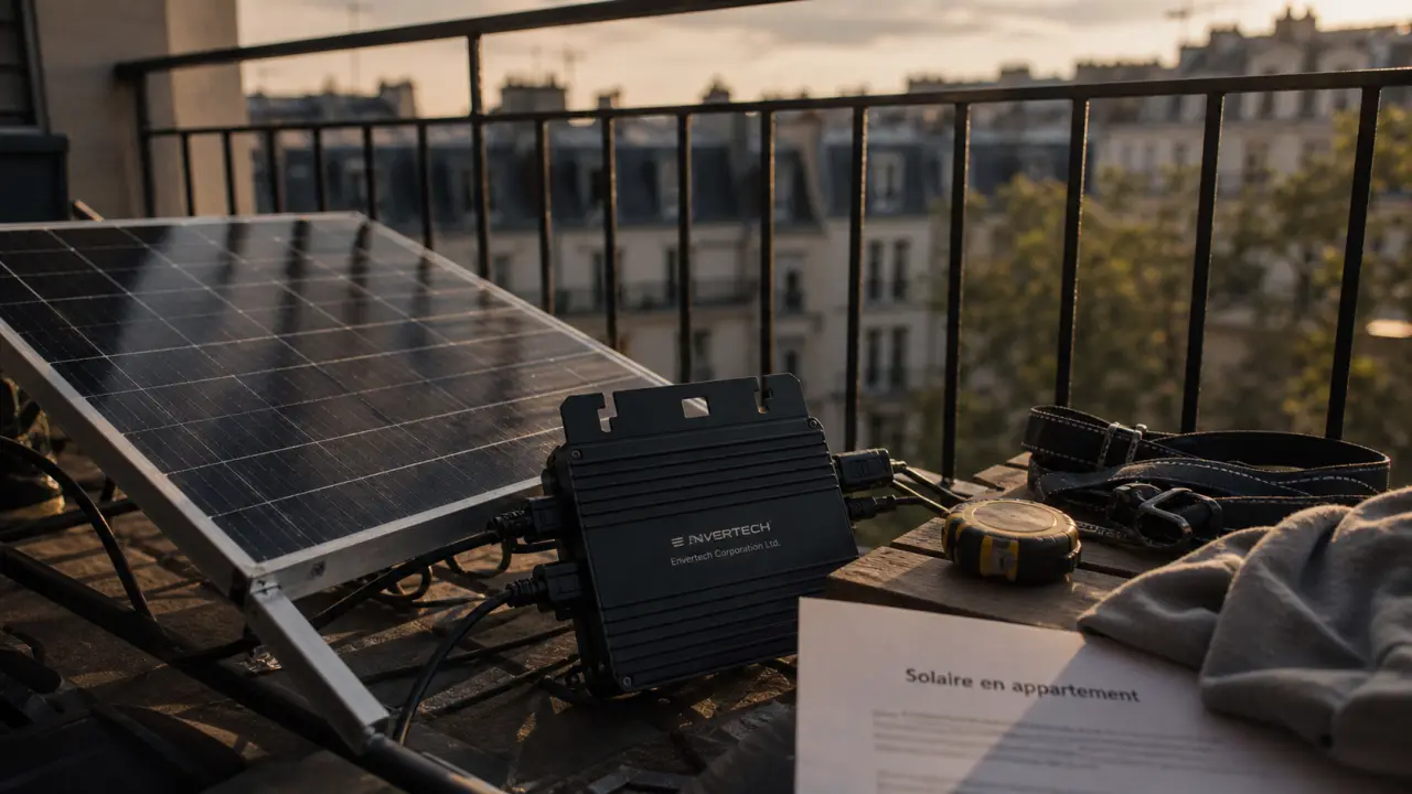 Panneau solaire appartement sur balcon, près du garde-corps