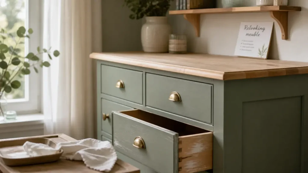 Relooking meuble : commode ancienne relookée vert sauge mat et poignées laiton