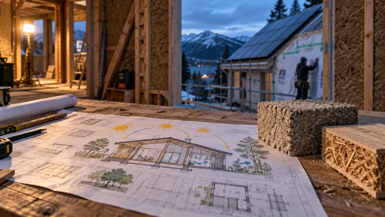 Constructeur maison autonome : plan bioclimatique sur chantier