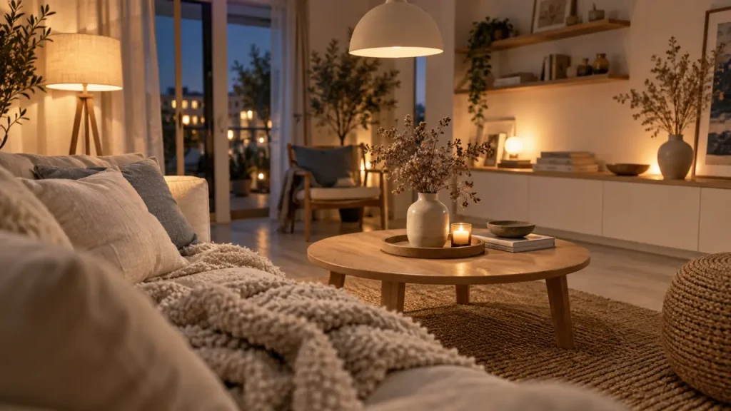 Déco scandinave cocooning : salon clair, coussins en lin, plaid et bois naturel.