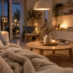 Déco scandinave cocooning : salon clair, coussins en lin, plaid et bois naturel.