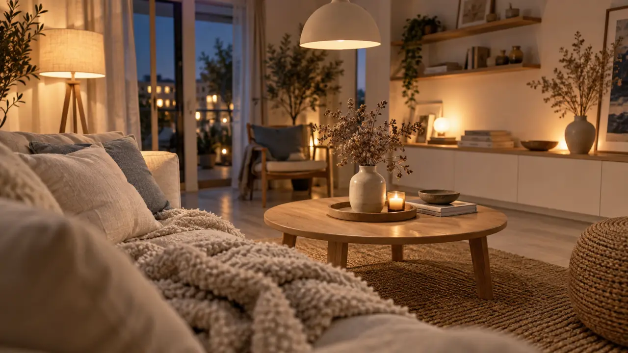 Déco scandinave cocooning : salon clair, coussins en lin, plaid et bois naturel.