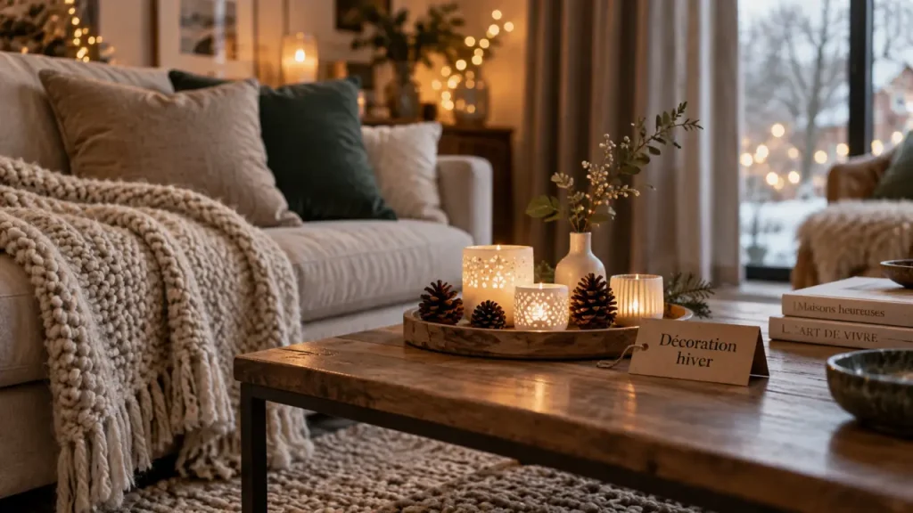 Décoration hiver maison : salon lumineux, plaid et photophores
