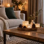 Décoration hiver maison : salon lumineux, plaid et photophores