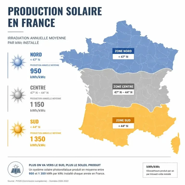 Carte de production solaire par région en France