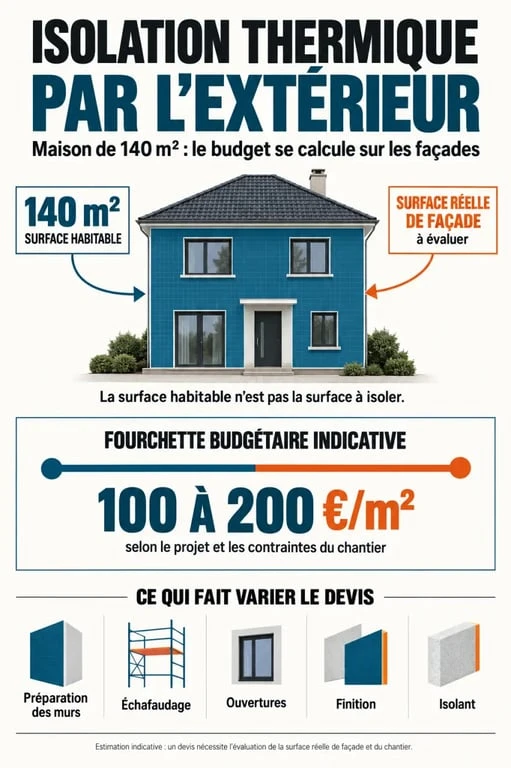 Infographie sur le prix isolation extérieur maison 140m2 et les facteurs qui font varier le budget