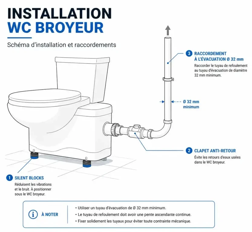 Schéma d'installation d'un WC broyeur avec clapet anti-retour et évacuation.