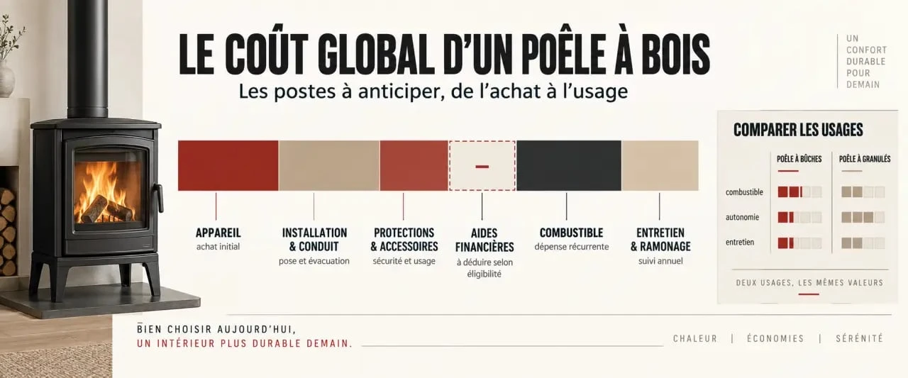 Infographie sur le poele a bois cout avec les postes d’achat, d’installation et d’utilisation