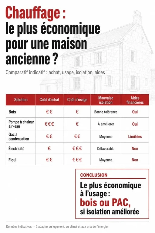 Chauffage le plus économique maison ancienne : comparatif visuel entre bois, PAC, gaz, électricité et fioul
