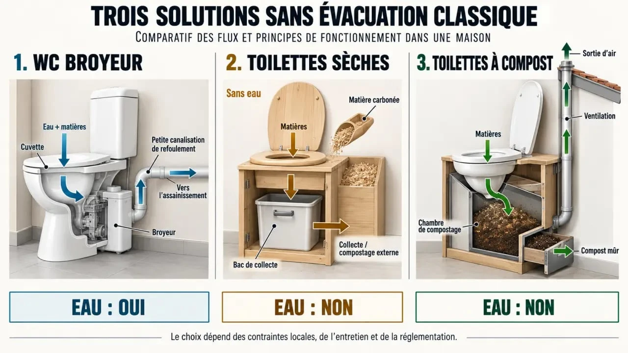 Schéma des solutions de toilette sans évacuation classique : WC broyeur, toilettes sèches et toilettes à compost