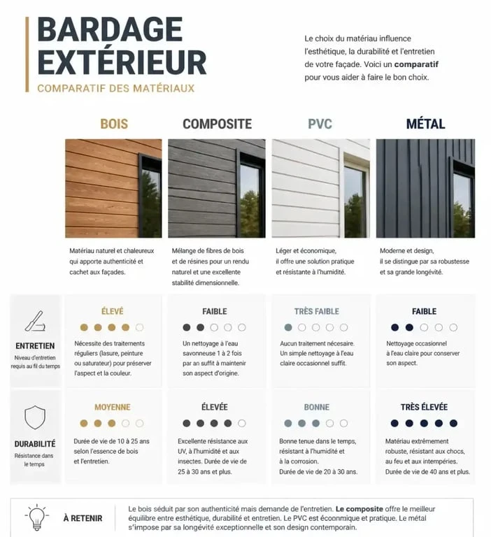 Comparatif des matériaux pour bardage extérieur : bois, composite, PVC et métal