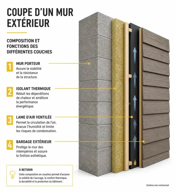 Schéma technique d'une isolation thermique par l'extérieur avec bardage extérieur