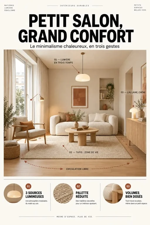 Petit salon sombre aménagé en déco scandinave cocooning avec éclairage en plusieurs points