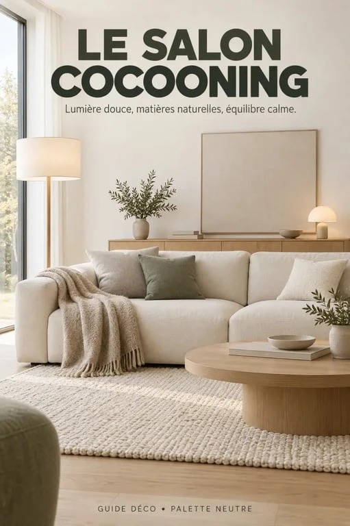 Salon en déco scandinave cocooning avec bois clair, textiles naturels et éclairage chaleureux