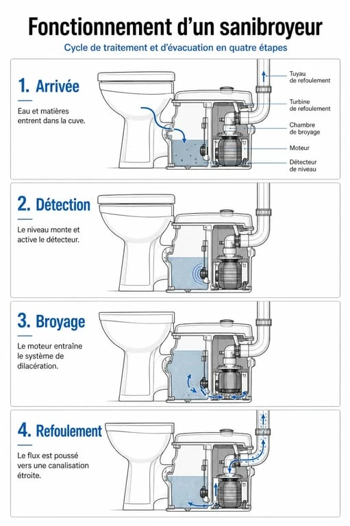 Fonctionnement sanibroyeur : schéma du broyage et de l’évacuation des eaux usées