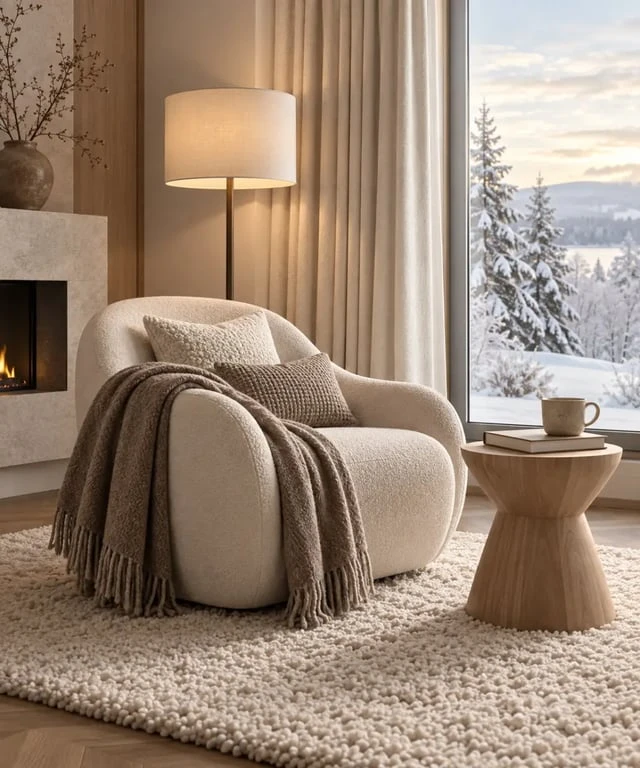 Décoration hiver maison avec coin lecture, éclairage chaleureux et textiles cocooning
