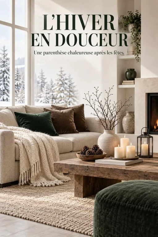 Décoration hiver maison sobre après Noël avec plaid, bougies et matières naturelles