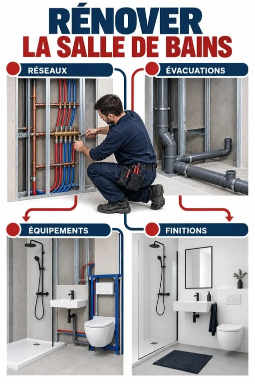 Plombier rénovation salle de bain : étapes visuelles d'un chantier de plomberie et de pose des équipements