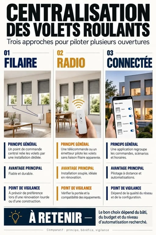 Comparaison des solutions de centralisation volet roulant filaire, radio et connectée