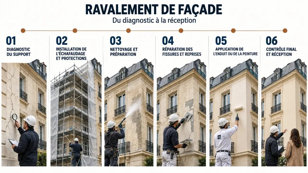 Étapes d’un chantier associé à un devis ravalement de façade, du diagnostic à la réception