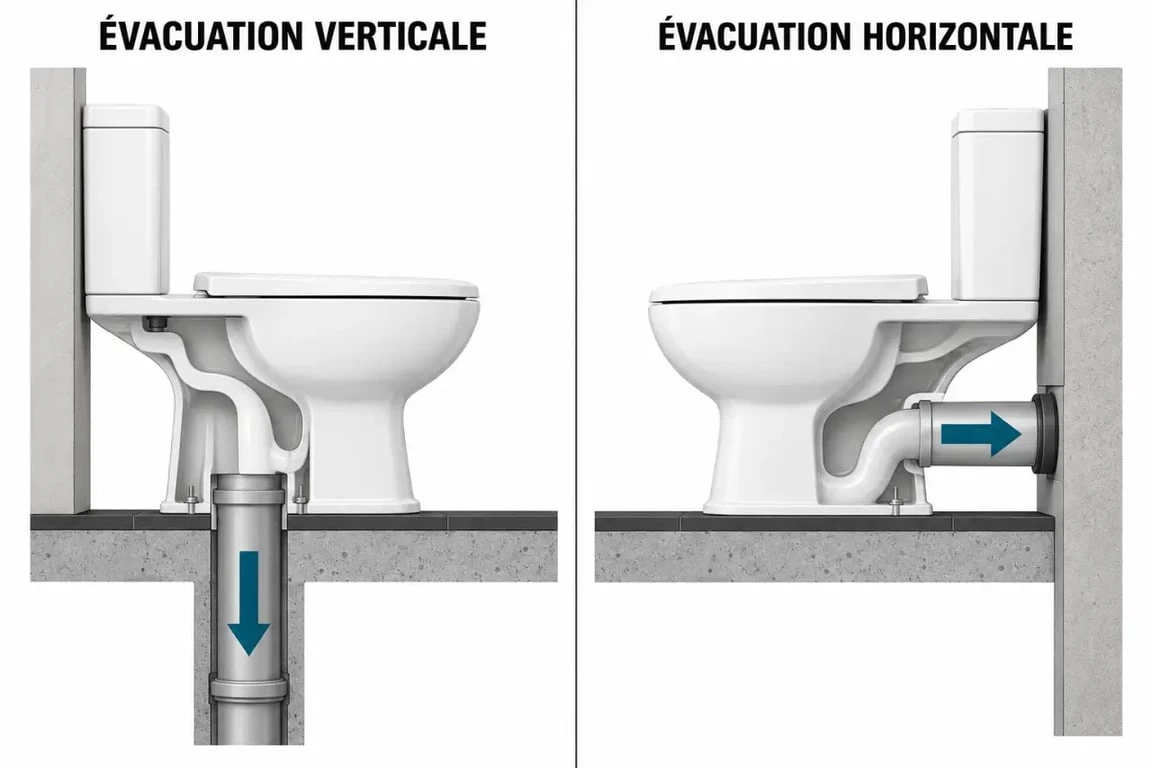 Schéma de sortie verticale WC et de sortie horizontale avec raccordement au sol ou au mur