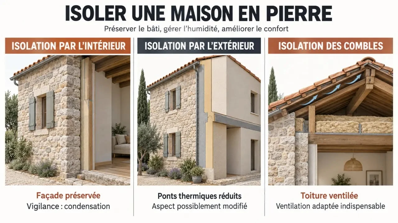 Rénovation maison en pierre : choix entre isolation intérieure, isolation extérieure et isolation des combles