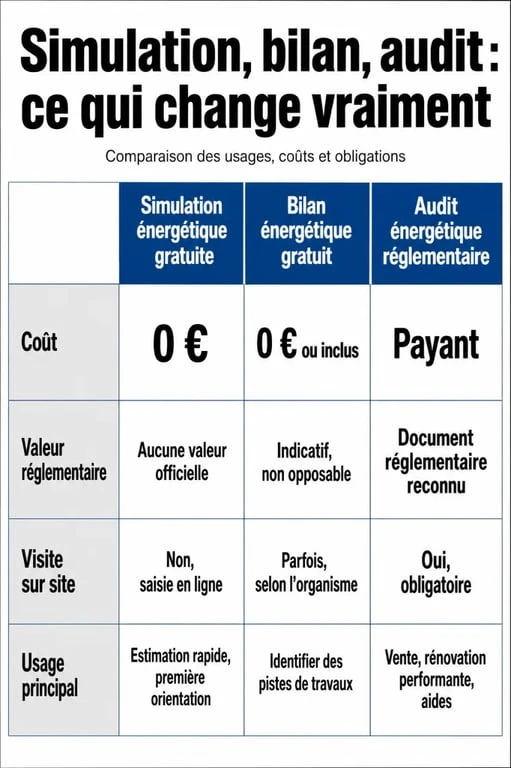 Audit énergétique gratuit : comparaison visuelle entre simulation, bilan et audit réglementaire