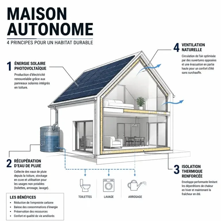Schéma des principes de conception d'une maison autonome pour un constructeur spécialisé