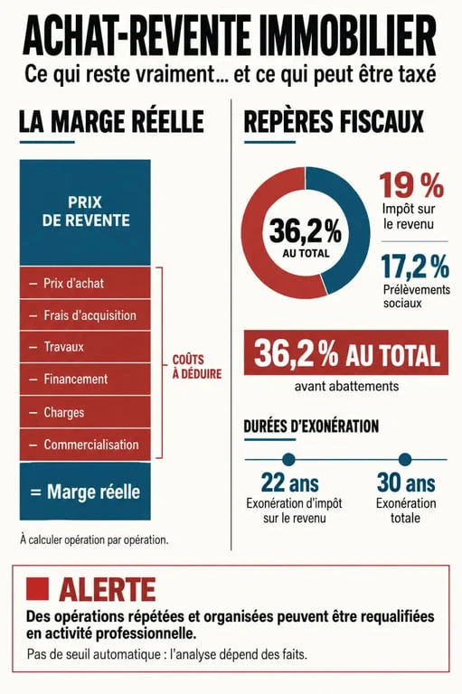 Achat revente immobilier en tant que particulier : infographie sur la marge réelle et la fiscalité