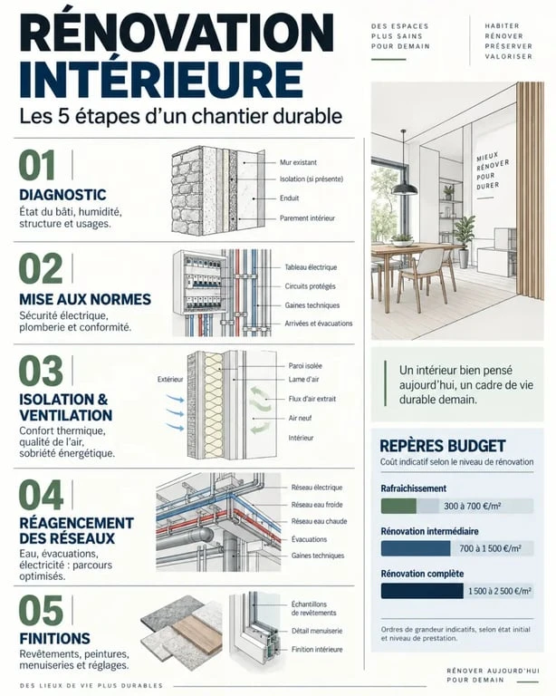 Infographie sur les travaux de rénovation intérieure, les étapes du chantier et les budgets au mètre carré