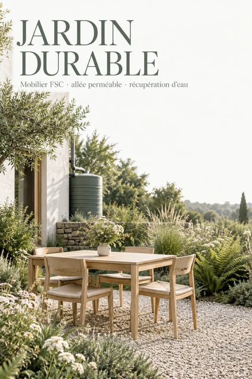 Mobilier de jardin écoresponsable en bois certifié FSC dans un aménagement paysager durable