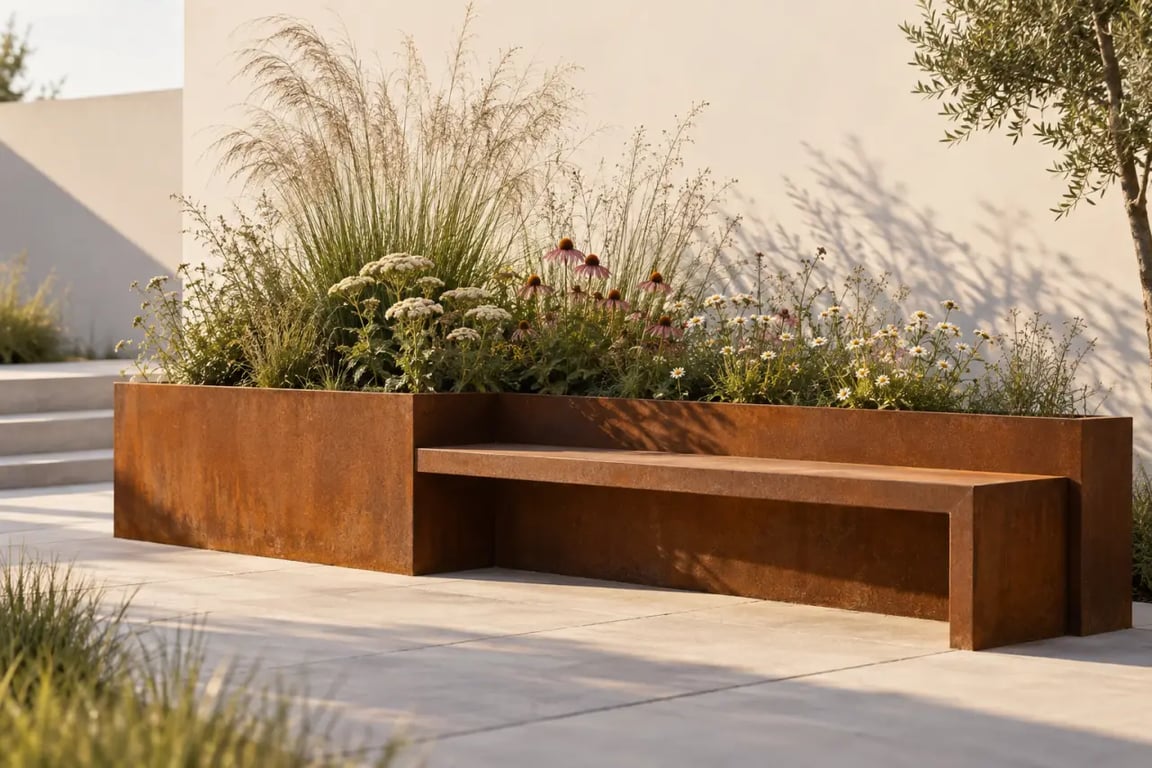 Aménagement de jardin durable avec banquette et jardinière en acier CorTen