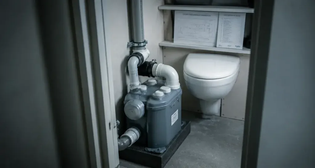 Installer un broyeur pour wc : broyeur sanitaire dans un placard technique, manchon PVC et clapet anti-retour visibles
