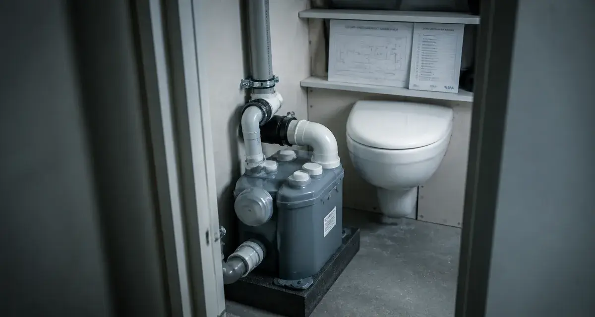 Installer un broyeur pour wc : broyeur sanitaire dans un placard technique, manchon PVC et clapet anti-retour visibles